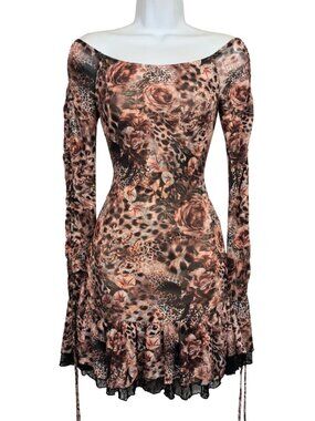 Floral Leopard Print Long Sleeve Off-Shoulder Dress - Brown